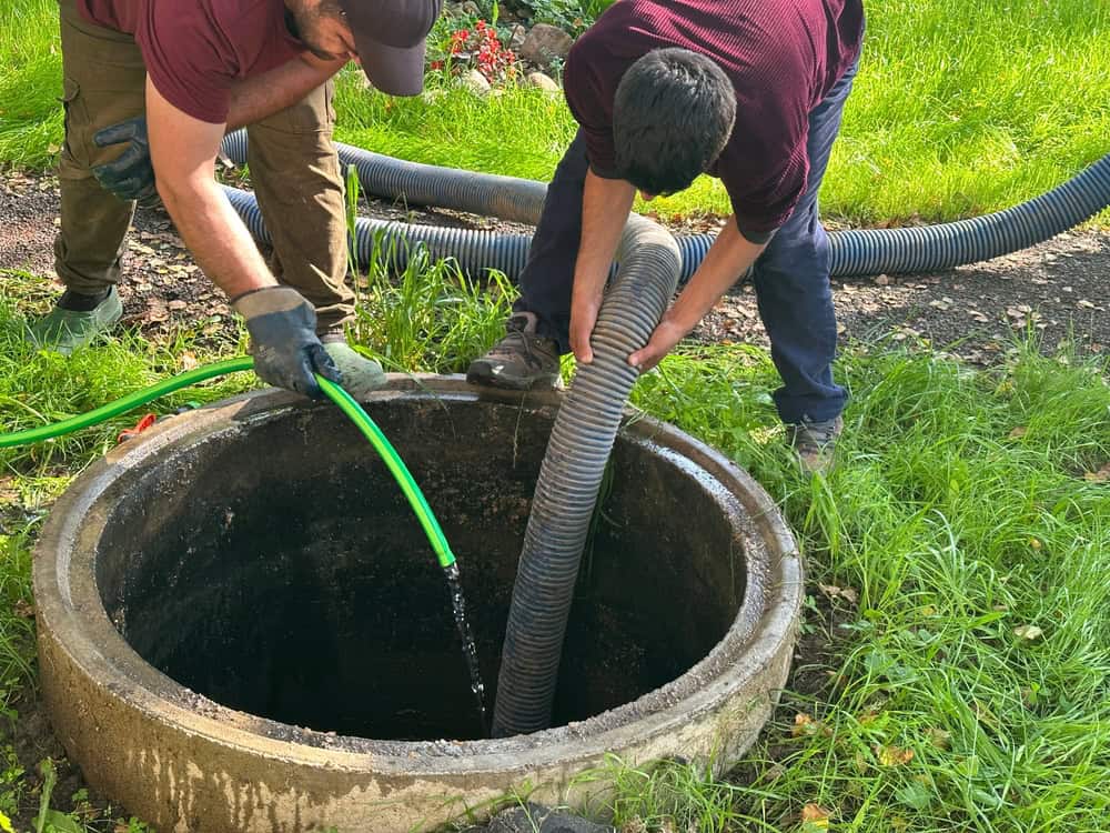 Two people in work clothes are cleaning or maintaining a septic tank outdoors with a hose and large flexible pipe—showing professional septic tank services Long Island, NY. Green grass and rocks surround the concrete opening.